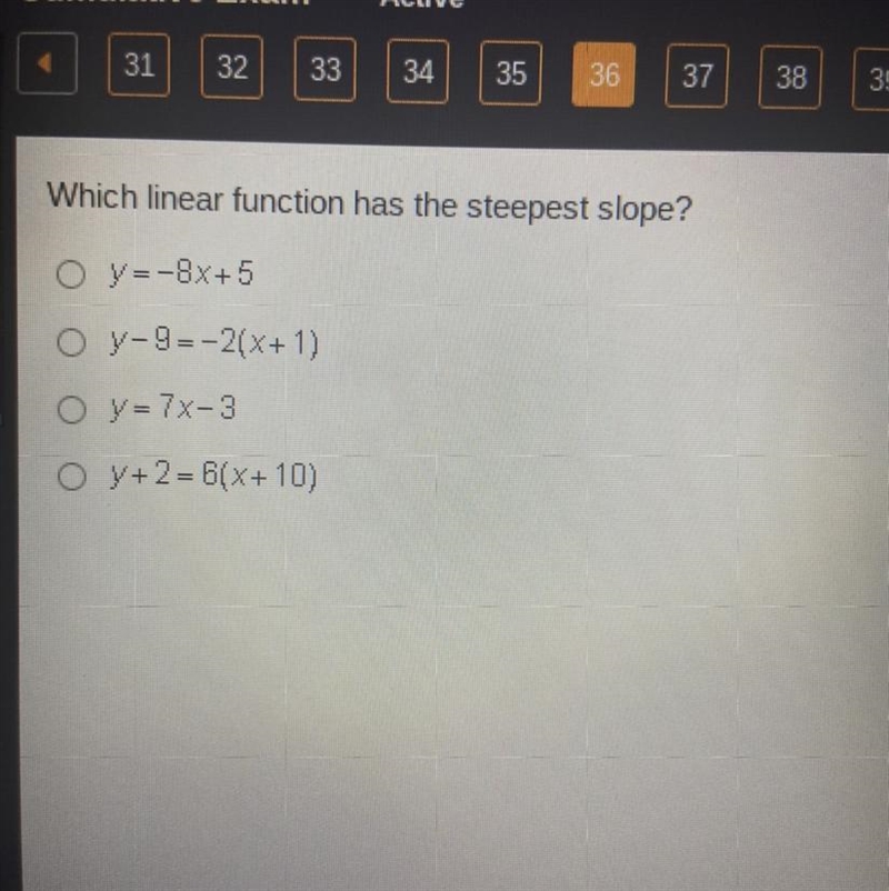 Which linear function has the steepest slope? Whoever answers this first I will mark-example-1