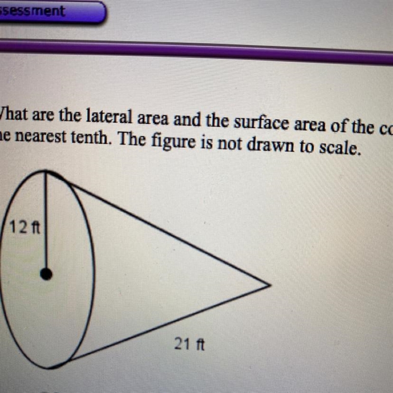 3. What are the lateral area and the surface area of the cone shown below? Round the-example-1