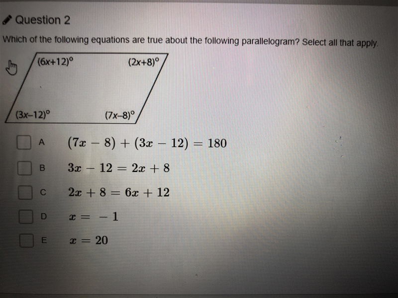 Which of the following equations are true about the following parallelogram?-example-1