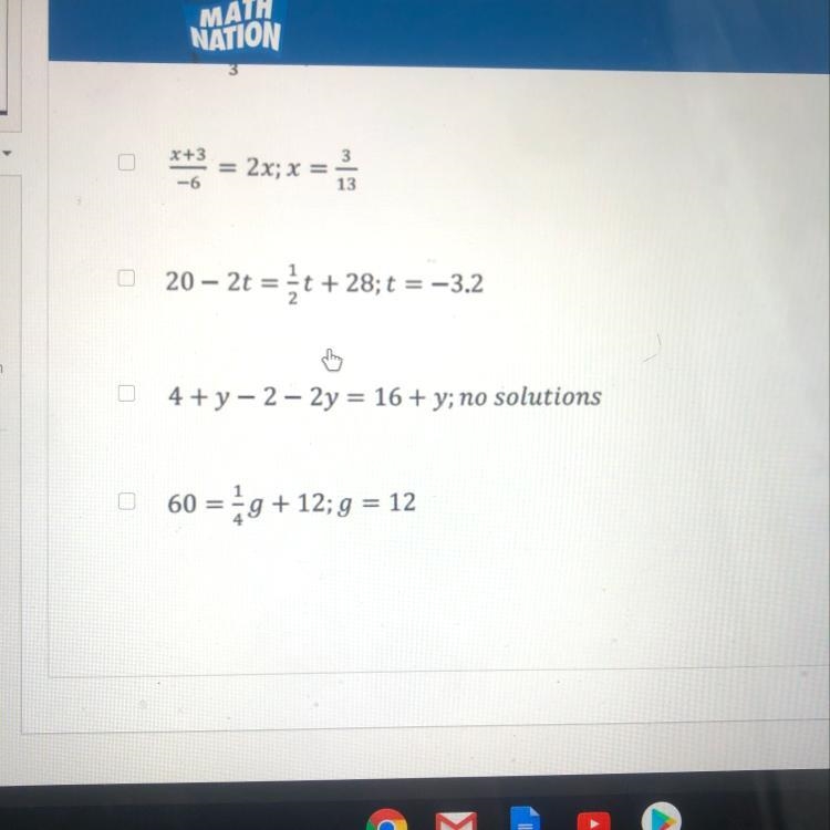 Which of the following equations have the correct solution? Select all that apply-example-1