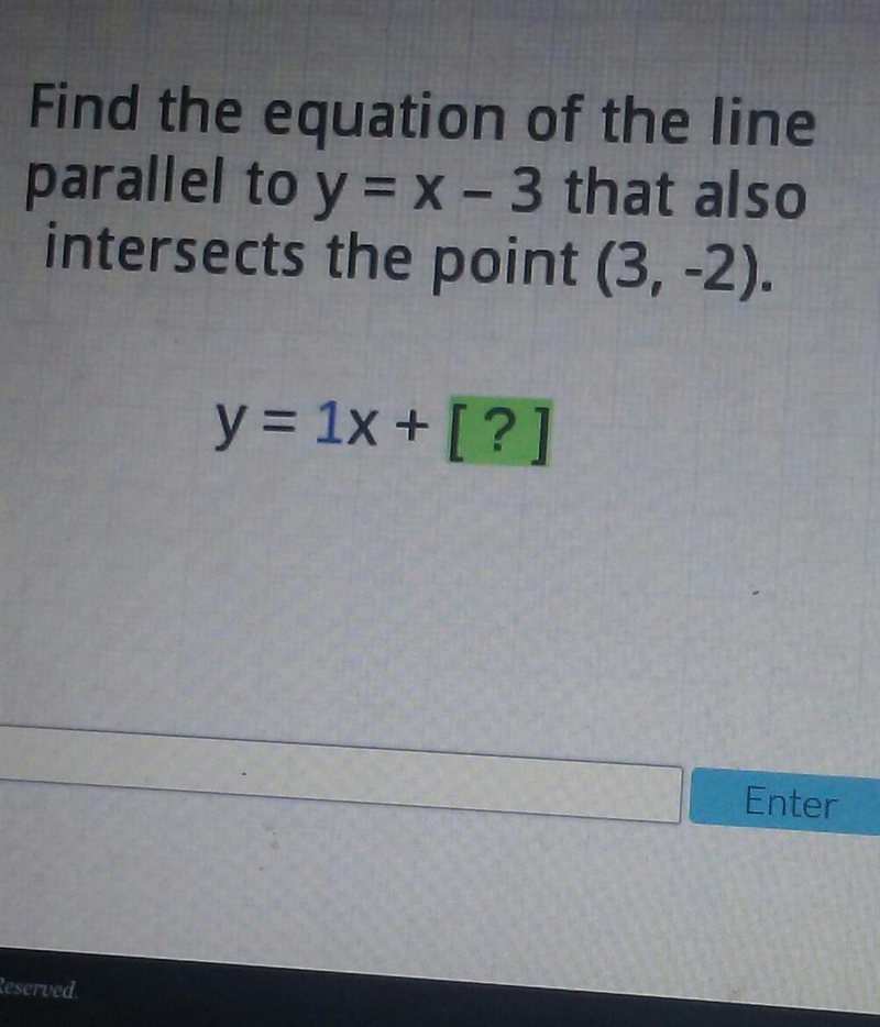 Find the equation of the line parallel to y = x - 3 that also intersects the point-example-1