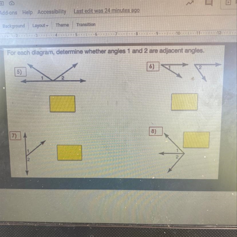 For each diagram, determine whether angles 1 & 2 are adjacent angles, heeeelp-example-1