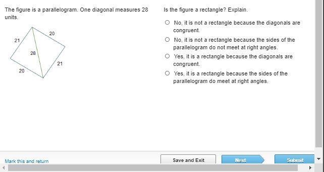 The figure is a parallelogram. One diagonal measures 28 units. A parallelogram is-example-1