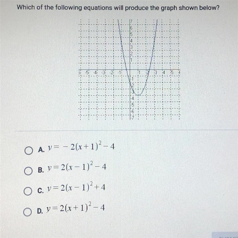 Which of the following equations will produce the graph shown below￼?-example-1