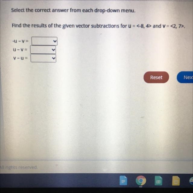 Find the results of the given vector subtractions for u = <-8, 4> and V = &lt-example-1