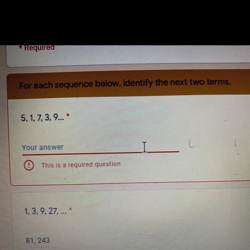 For each sequence below, identify the next two terms. 5, 1, 7, 3, 9... *-example-1