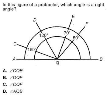 In this figure of a protractor , which angle is a right angle?-example-1