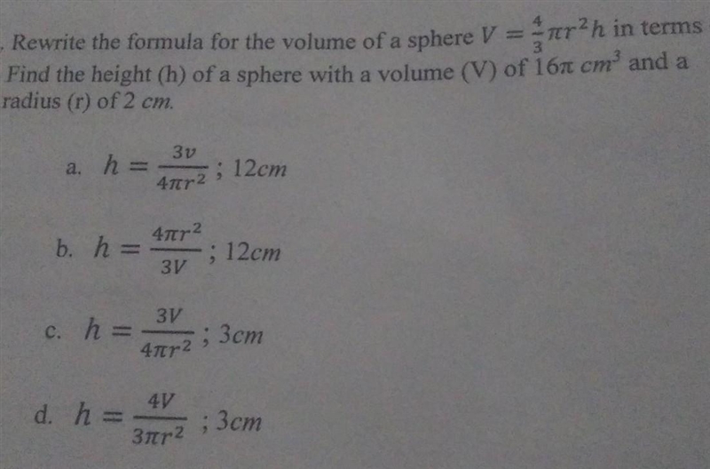 Rewrite the formula for the volume of a sphere 16\pi {?r}^(2) h Find the height (h-example-1