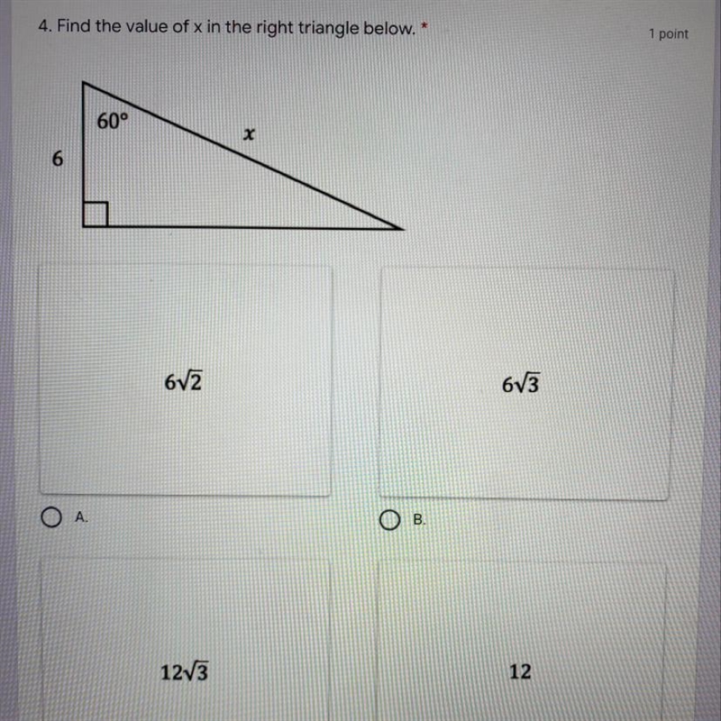 4. Find the value of x in the right triangle below. 60°-example-1