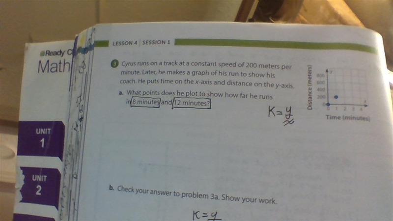 What points does he plot to show how far he runs in 8 minutes and 12 minutes ? I need-example-1