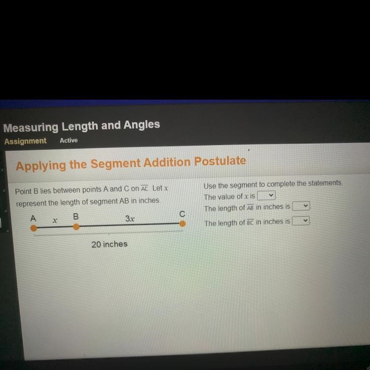 Point B lies between points A and C on AC. Let x represent the length of segment AB-example-1