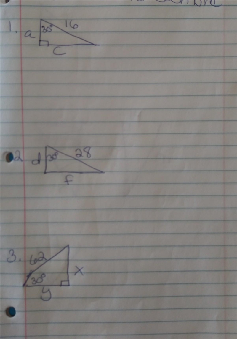 Part 1. Find the missing sides for the 30-60-90 Triangles. Please show work​-example-1