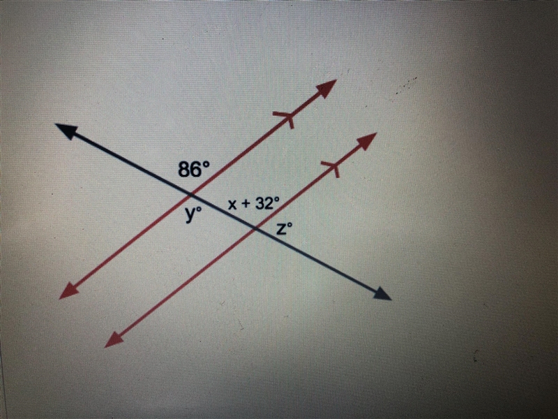 Identify the values of variables x, y, and z based on the image given of the angles-example-1