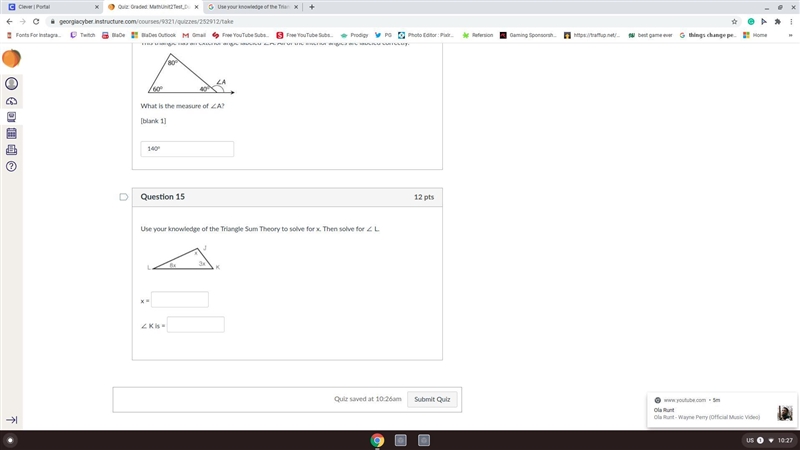 Use your knowledge of the Triangle Sum Theory to solve for x. Then solve for ∠ L. help-example-1