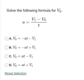 Solve the following formula for V0. a=V1−V0t-example-1