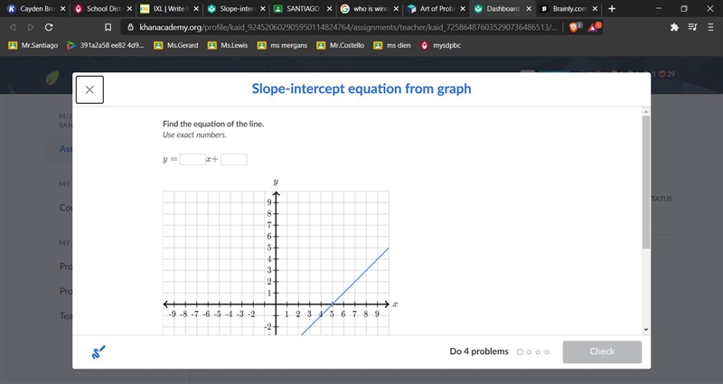 Help ASAP!!! Find the equation of the line. Use exact numbers. y = ______x + _______-example-1