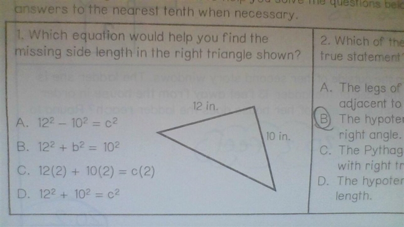 Which equation would help you find the missing side length in the right triangle shown-example-1