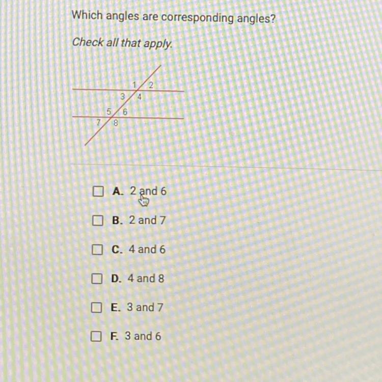 Which angles are corresponding angles?-example-1