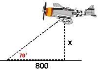 Choose the equation you would use to find the altitude of the airplane. tan70 = 800/x-example-1