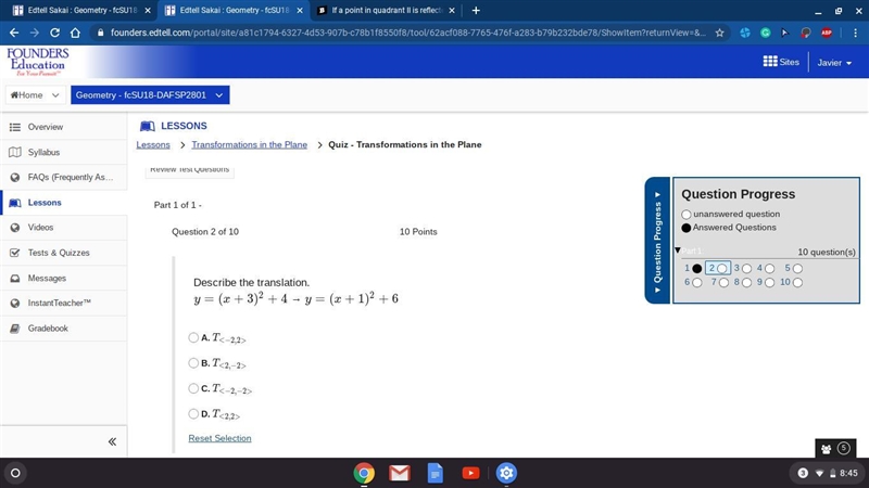 Describe the translation. y=(x+3)2+4 → y=(x+1)2+6-example-1