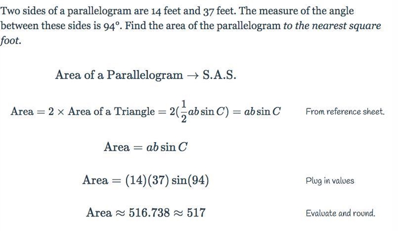 Two sides of a parallelogram are 14 feet and 37 feet. The measure of the angle between-example-1