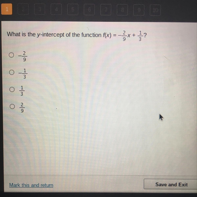 What is the y-intercept of the function f(x) = -2/9x + 1/3? A.-2/9 B.-1/3 C.1/3 D-example-1