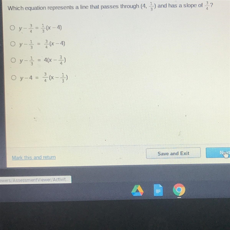 Which equation represents a line that passes through (4, 1/3) and has a slope of 3/4?-example-1