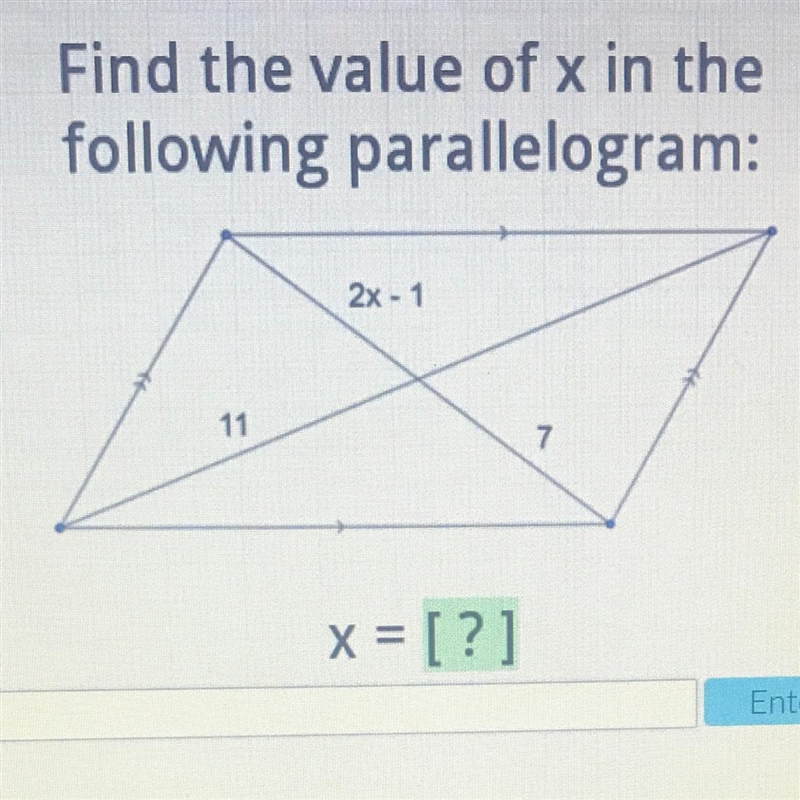 Find the value of x in the following parallelogram-example-1