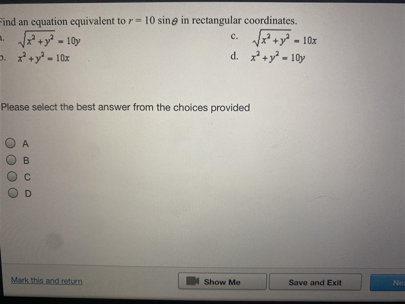 Find an equation equivalent to r=10 sin in rectangular coordinates-example-1