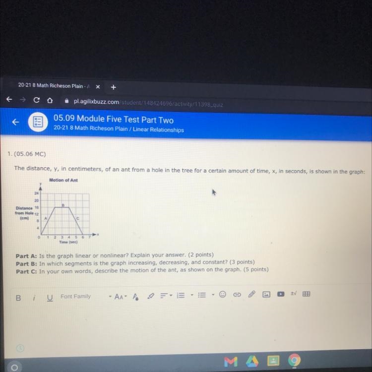 1. (05.06 MC) The distance, y, in centimeters, of an ant from a hole in the tree for-example-1