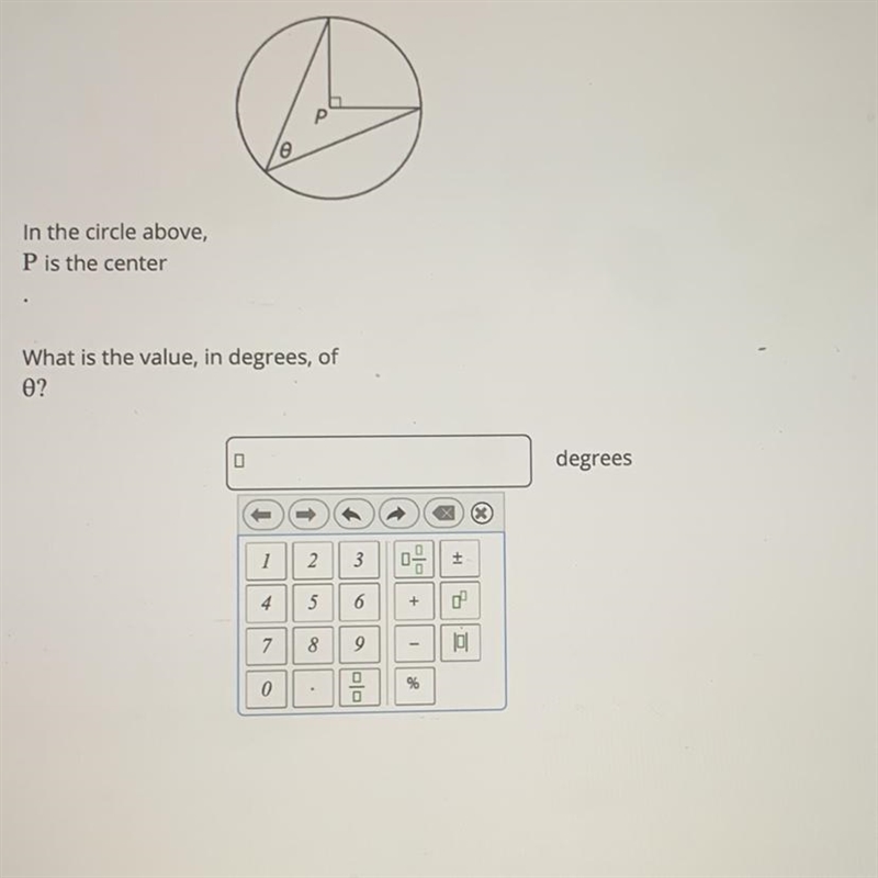 Simple question In the circle above P is the center . What is the value, in degrees-example-1