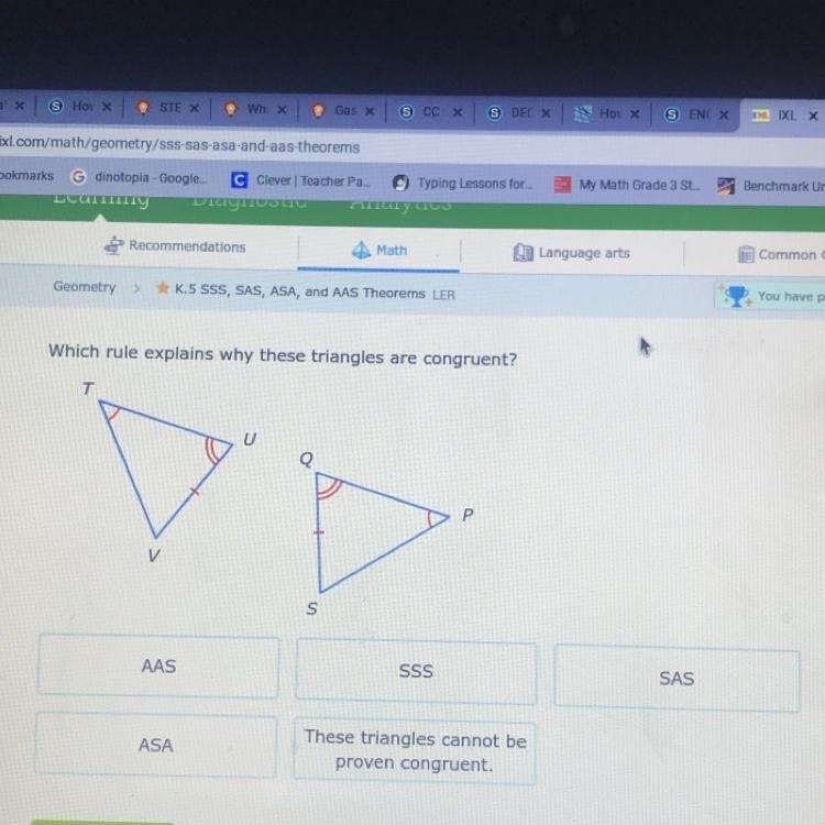 Which rule explains why these triangles are congruent? T Q Р V S AAS SSS SAS ASA These-example-1