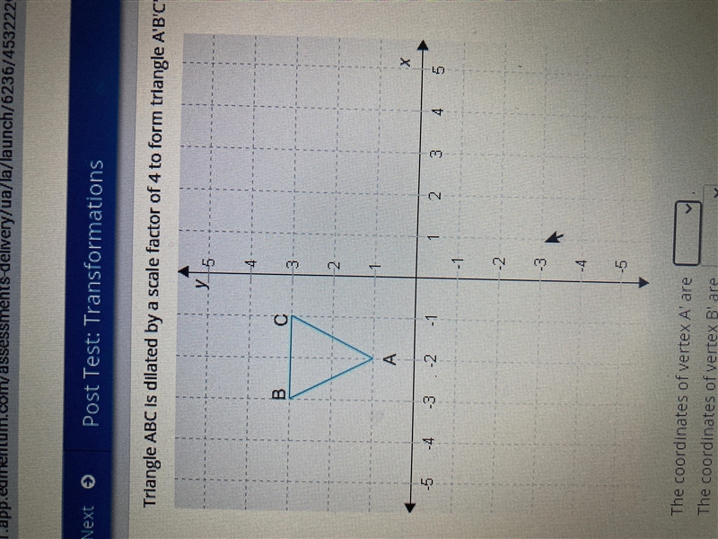 Triangle ABC is dilated by a scale factor of 4 to from triangle A’B’C. The coordinate-example-1