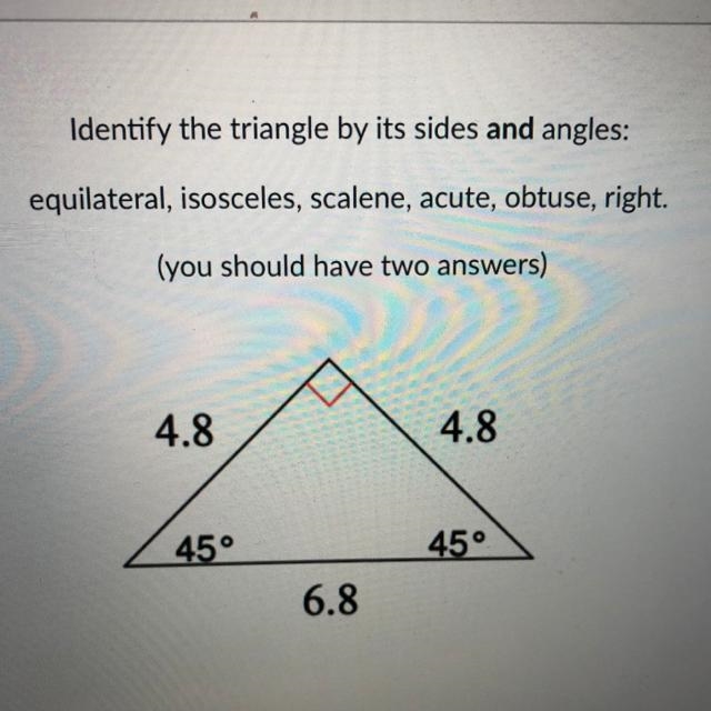 Identify the triangle by its sides and angles: equilateral, isosceles, scalene, acute-example-1