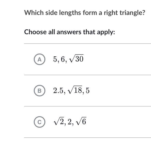 Which side lengths form a right triangle?-example-1