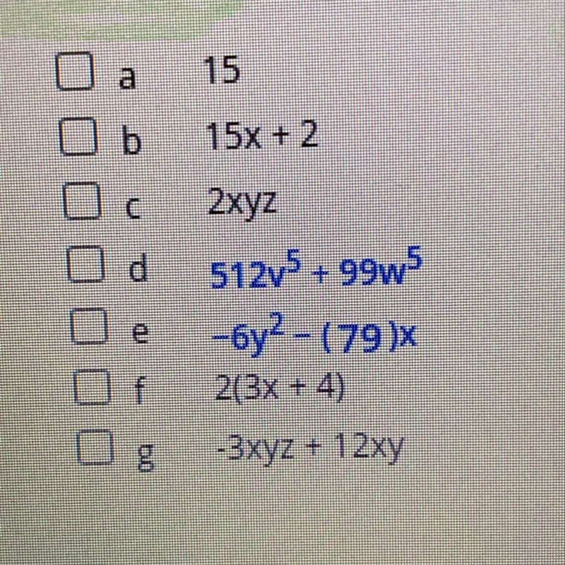 Which are examples of binomials? Check all that apply.-example-1