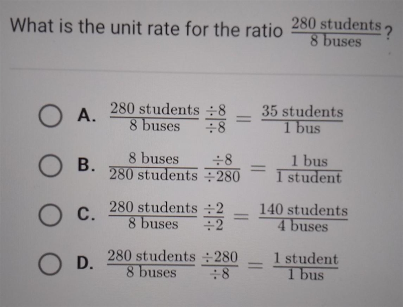 What is the unit rate for the ratio 280 student/8 buses​-example-1