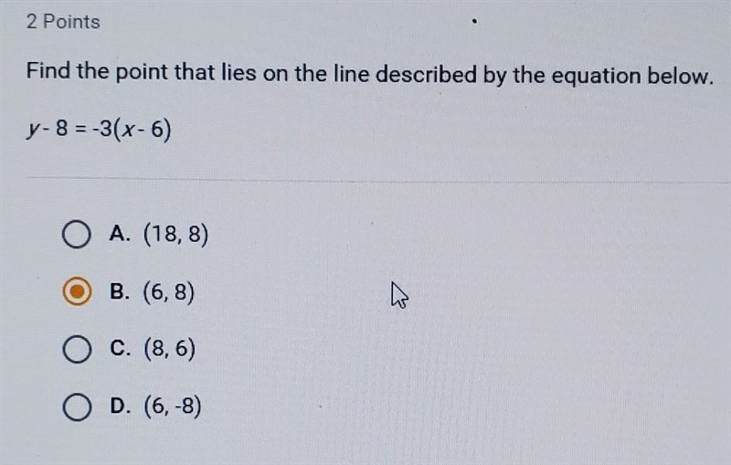 Find the point that lies on the line described by the equation below. y - 8 = - 3 (x-example-1