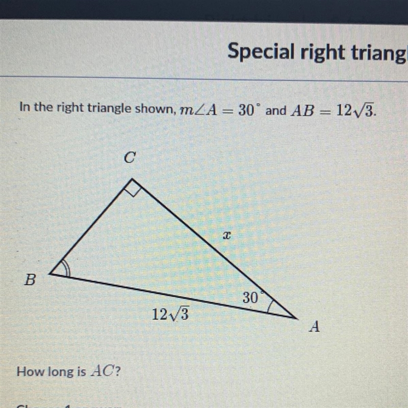 In the right triangle shown, mZA = 30° and BC = 6/2. How long is AC?-example-1