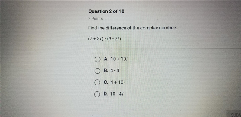 Find the difference of the complex numbers (7+3i)-(3-7i)-example-1