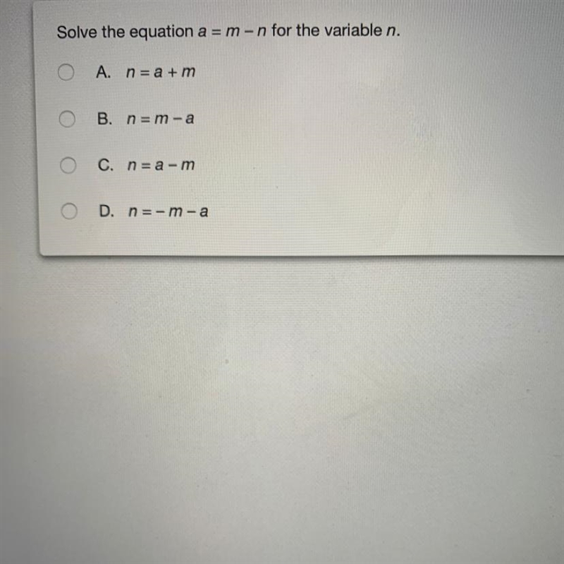 Solve the equation a = m - n for the variable n-example-1