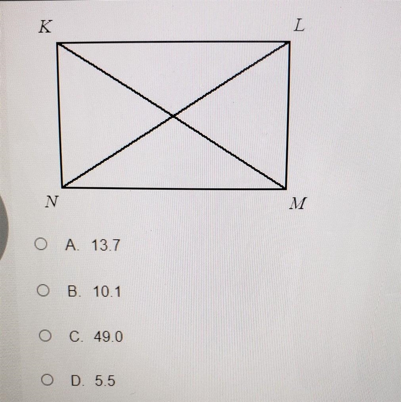 In rectangle KLMN, KM = 6x + 16, and LN = 49. Find the value of x.​-example-1