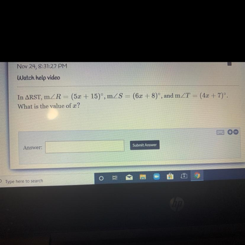 In ARST, mZR = (5x + 15)", mZS = (6x + 8)°, and mZT = (4x + 7)º. What is the-example-1