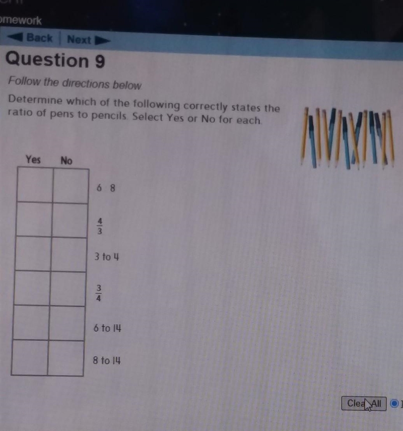 Determine which of the following correctly states the ratio of pens and pencils. Select-example-1