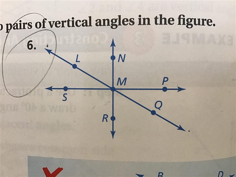 Name two pairs of adjacent angels and two pairs of vertical angles in the figure.-example-1