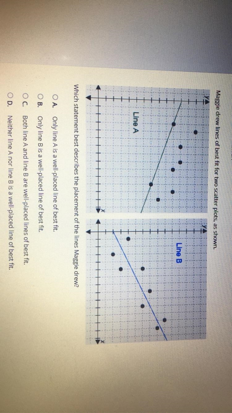 Maggie drew lines of best fit for two scatter plots, as shown. Which statement best-example-1