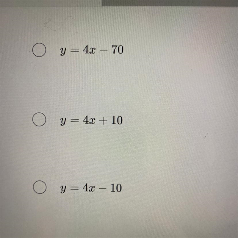 Slope : 4. Point : (-10, 30) Really need help on this please-example-1