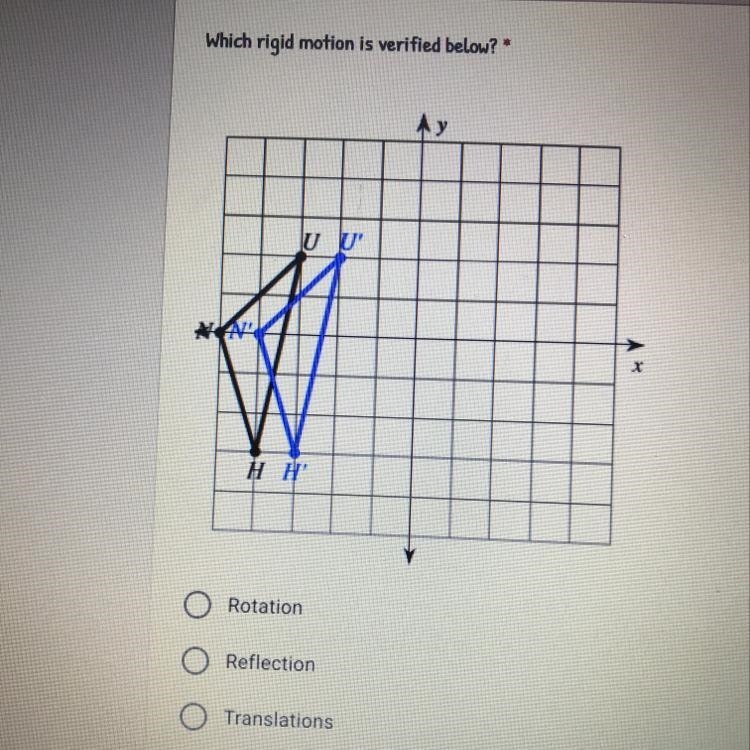 Which rigid motion is verified below?" U U w HH O Rotation O Reflection O Translations-example-1