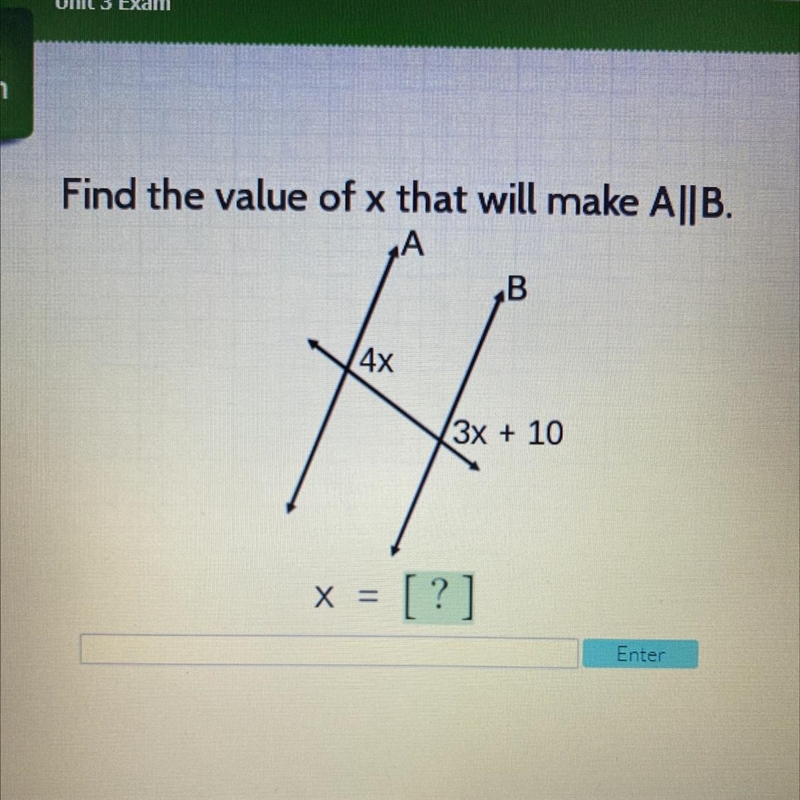 Find the value of x that will make A and B parallel-example-1