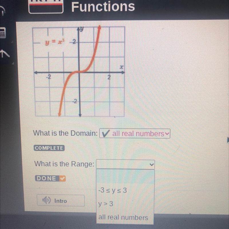 What is the Range: -3 y>3 all real numbers-example-1